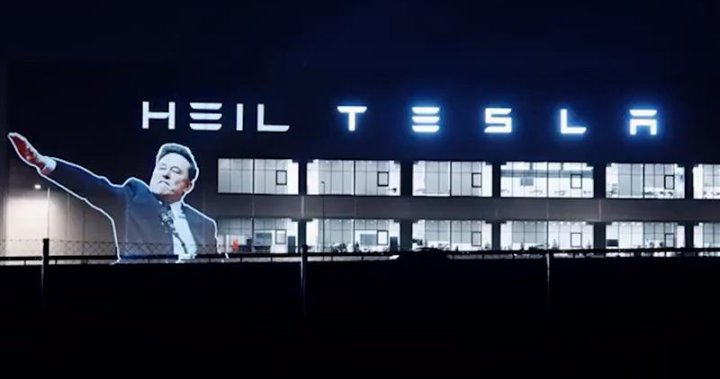 ‘Heil Tesla’: Elon Musk’s salute projected onto carmaker’s factory in Germany – National | Globalnews.ca